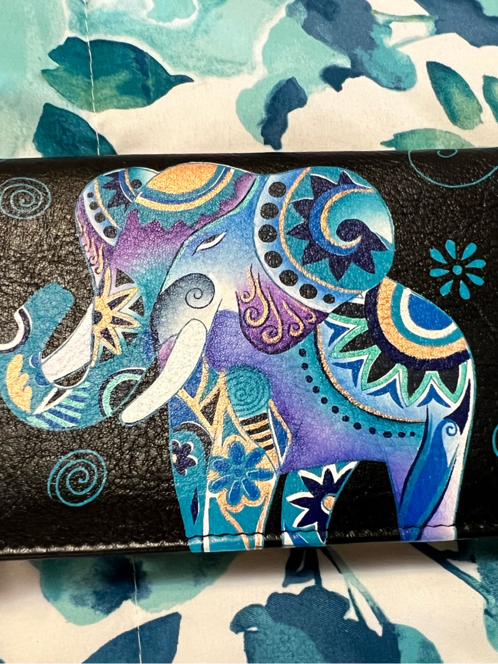 Anna by Anuschka Two fold clutch wallet Blue Elephant hand painted leather